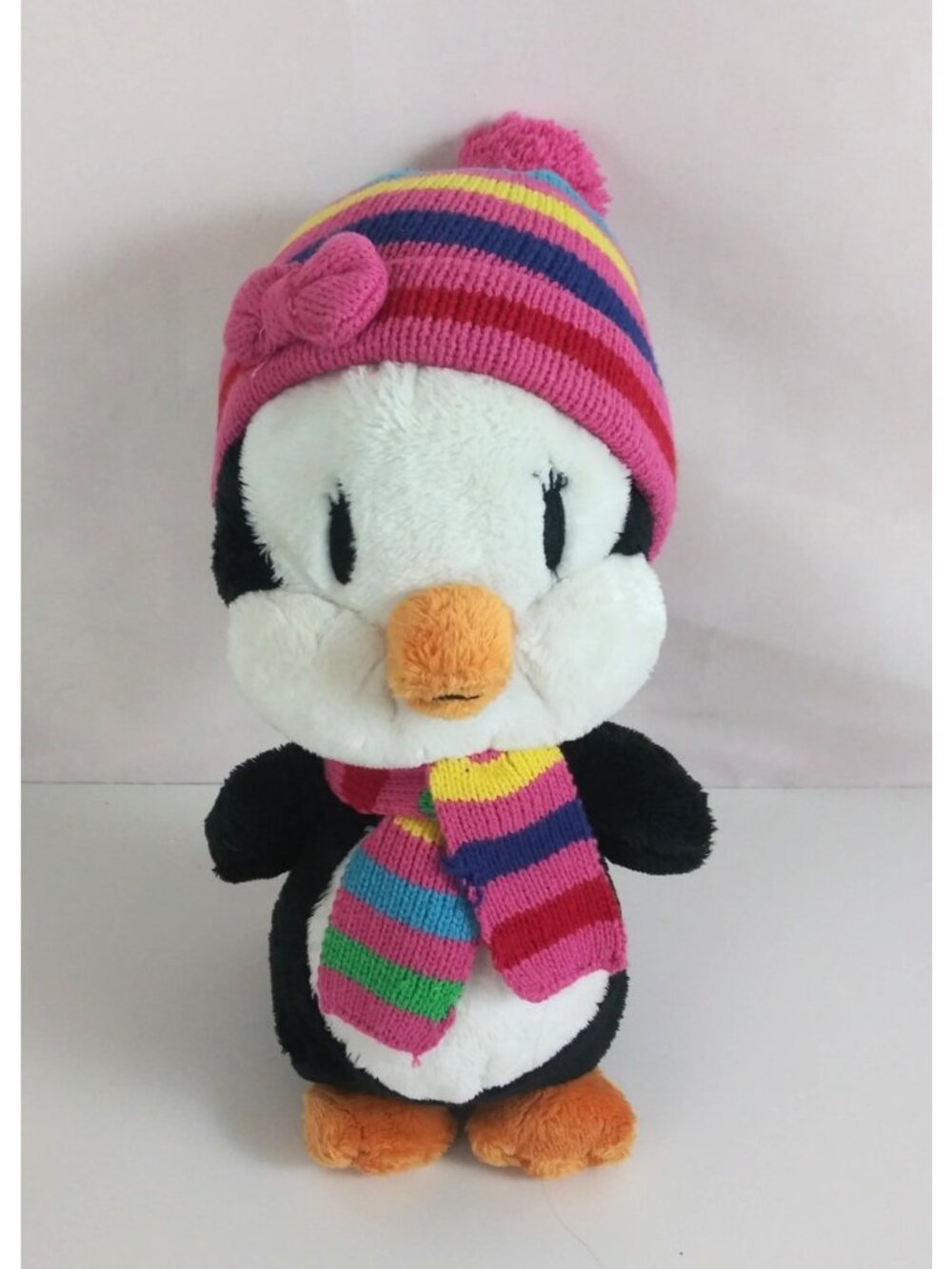 The Children's Place Penguin Pink Striped Hat/Scarf 9” Plush Stuffed Animal Toy